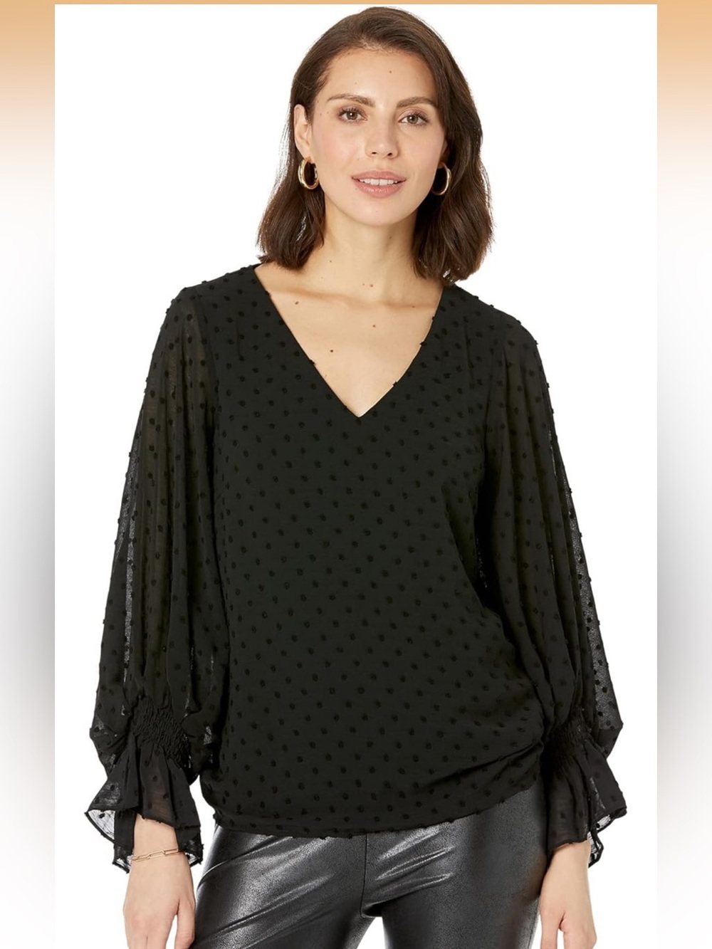 Vince Camuto Black Swiss Dot V-Neck Ruffle Cuff Blouse